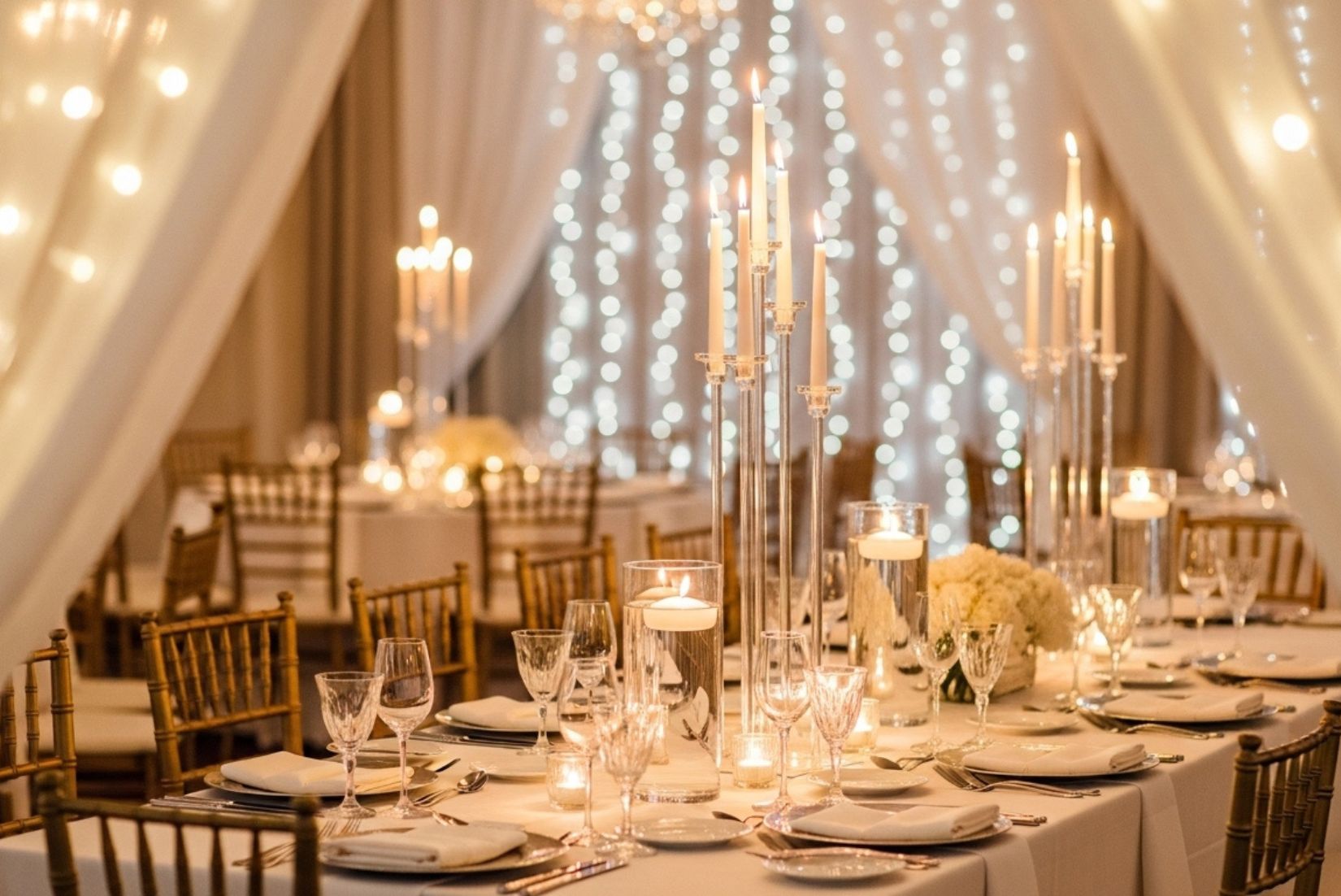Decorative candelabra with candles and fairy lights in a warm indoor setting.