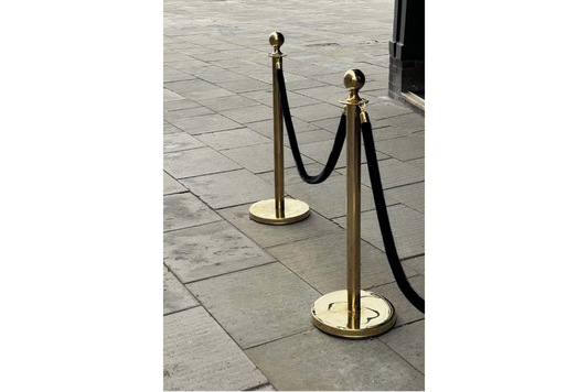 Gold Brass Crowd Control Stanchions Set Rental - Black Velvet Rope