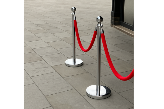Silver Chrome Crowd Control Stanchions Set Rental - Red Velvet Rope