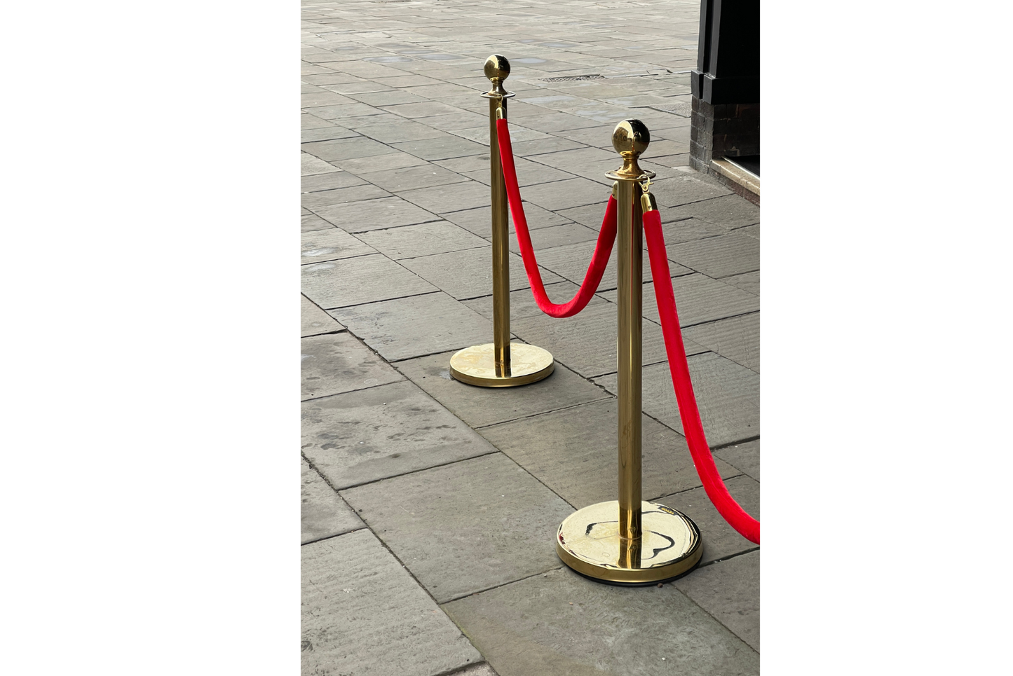 Gold Brass Crowd Control Stanchions Set Rental - Red Velvet Rope