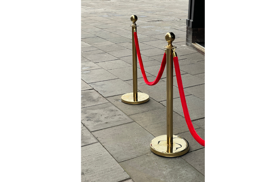 Gold Brass Crowd Control Stanchions Set Rental - Red Velvet Rope