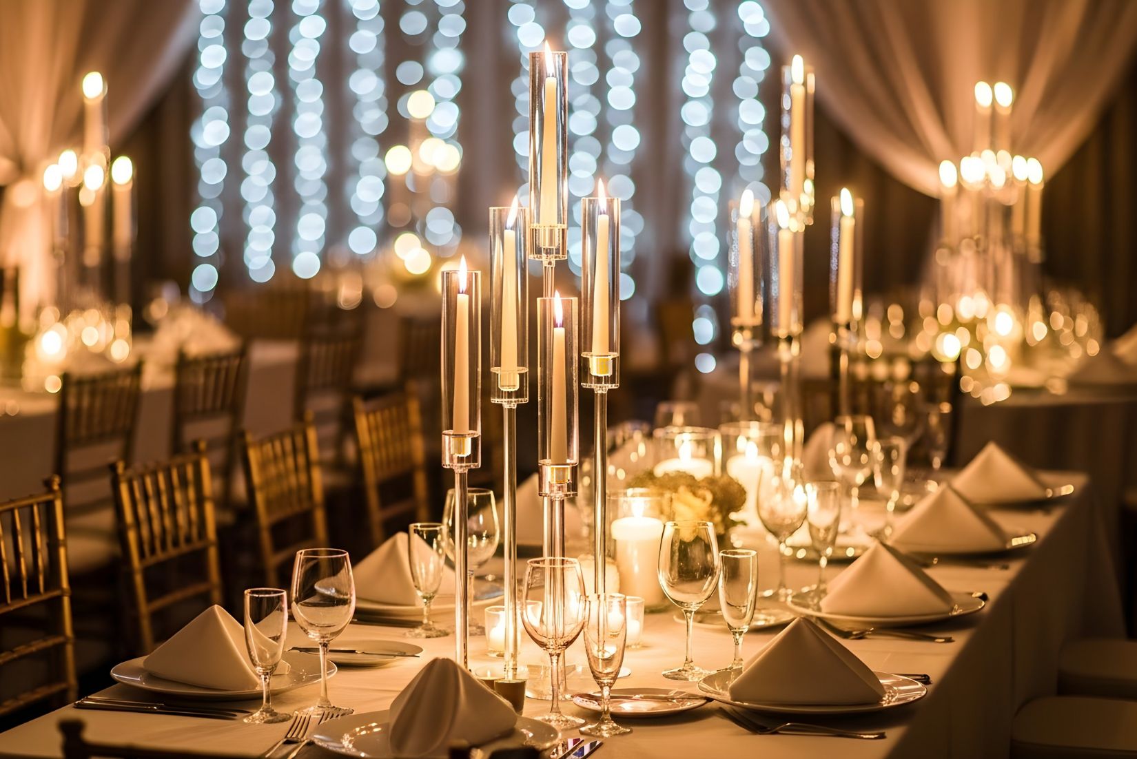 Decorative table setting with candle lit candelabra in a softly lit room.