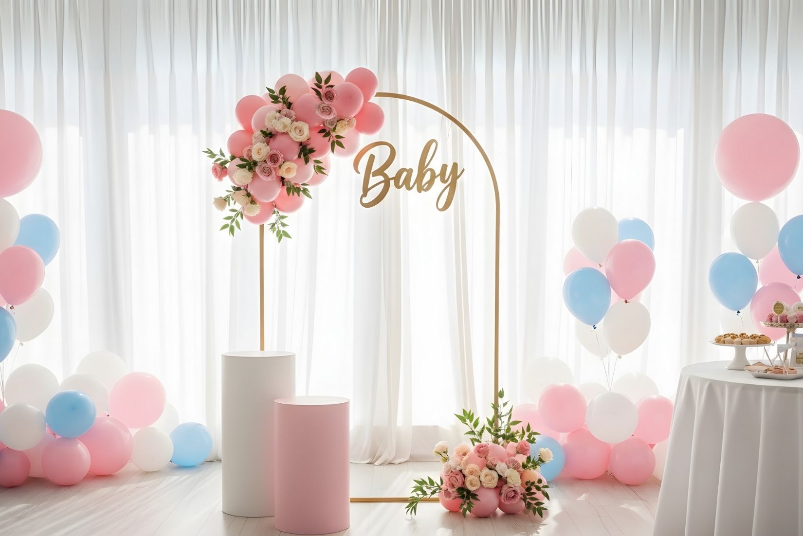 Decorative setup with balloons, flowers, and 'Baby' sign in a room with white curtains.