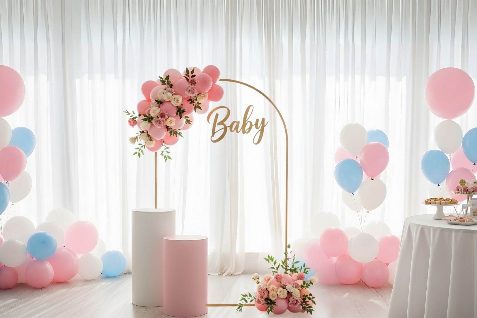 Gold arch setup with balloons and floral arrangements for a baby shower.