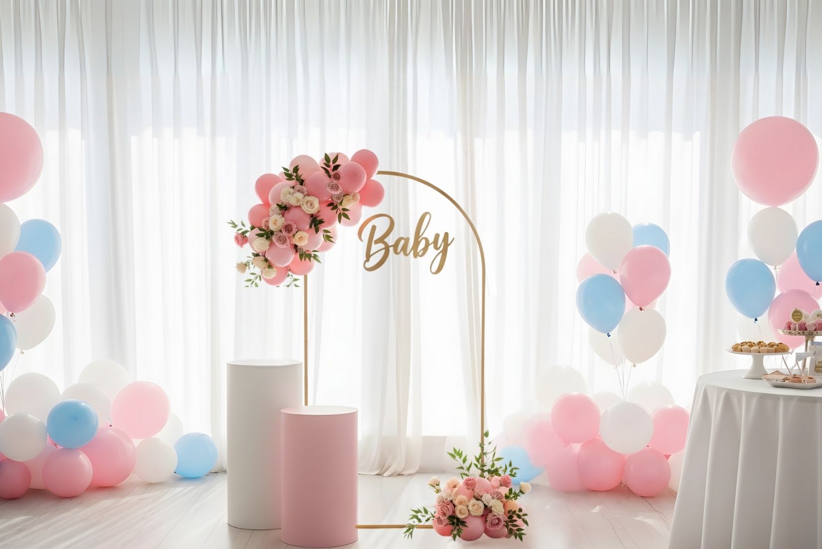 Decorative setup with balloons and floral arch for a baby shower.
