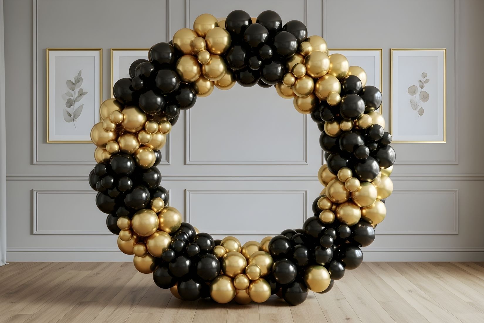 5' circle balloon arch decorated with black and gold balloons