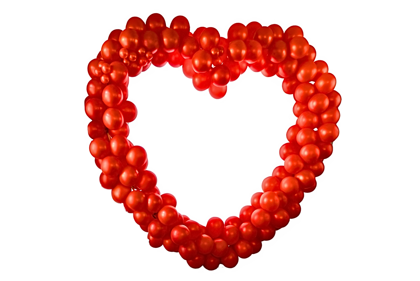 Red balloons around heart shaped arch for rent.