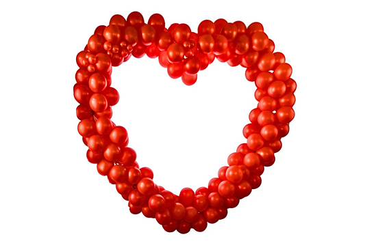Red balloons around heart shaped arch for rent.