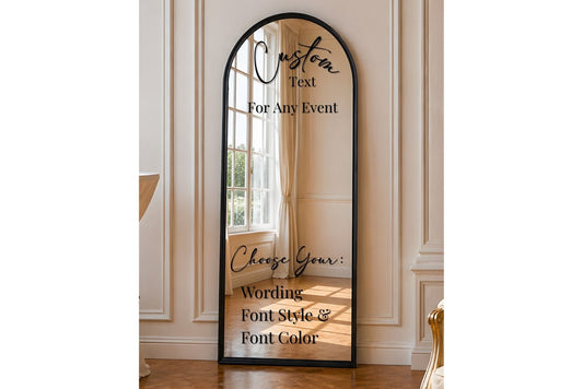 Decorative mirror with customizable text in a room setting