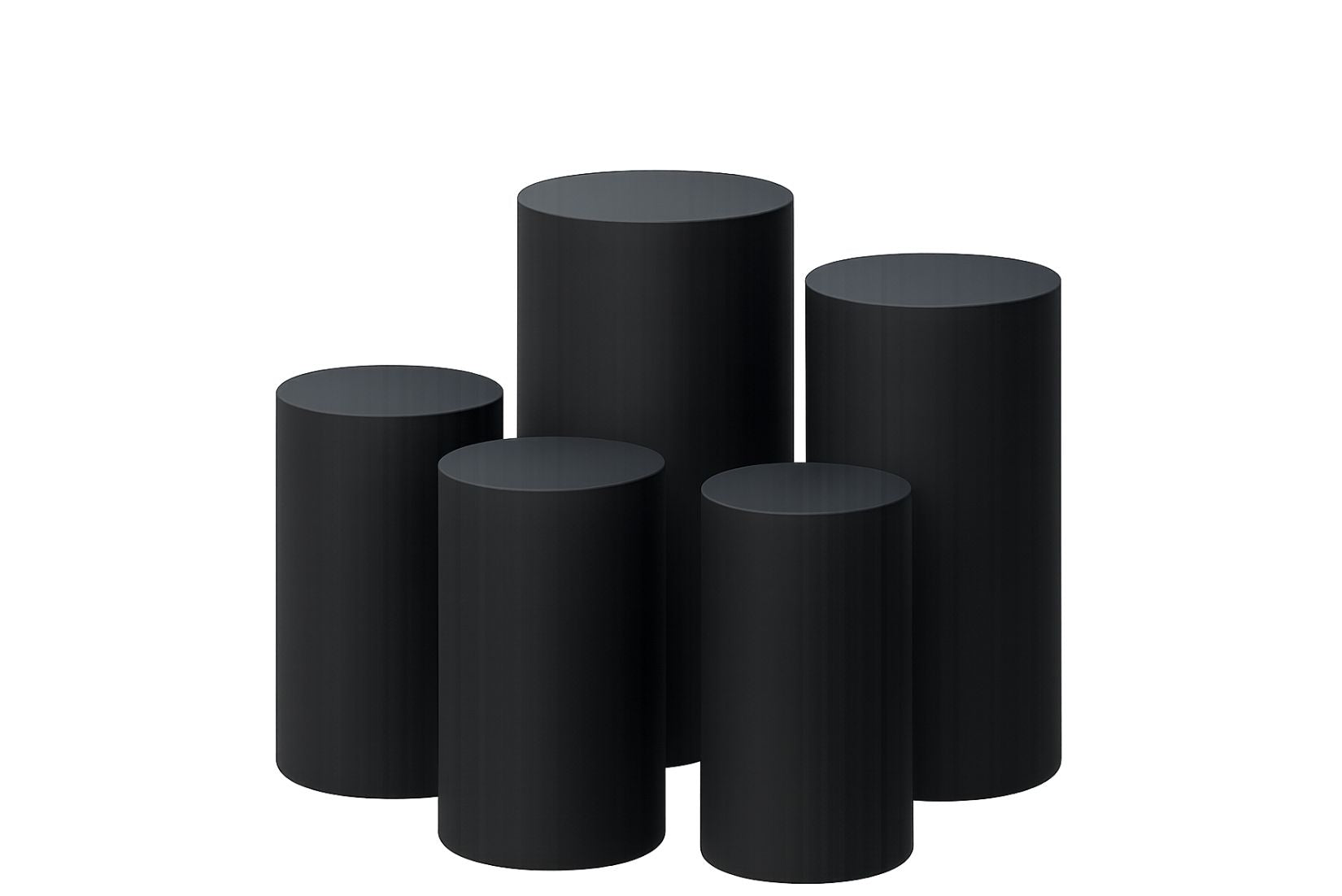 Five black cake cylinders on a white background