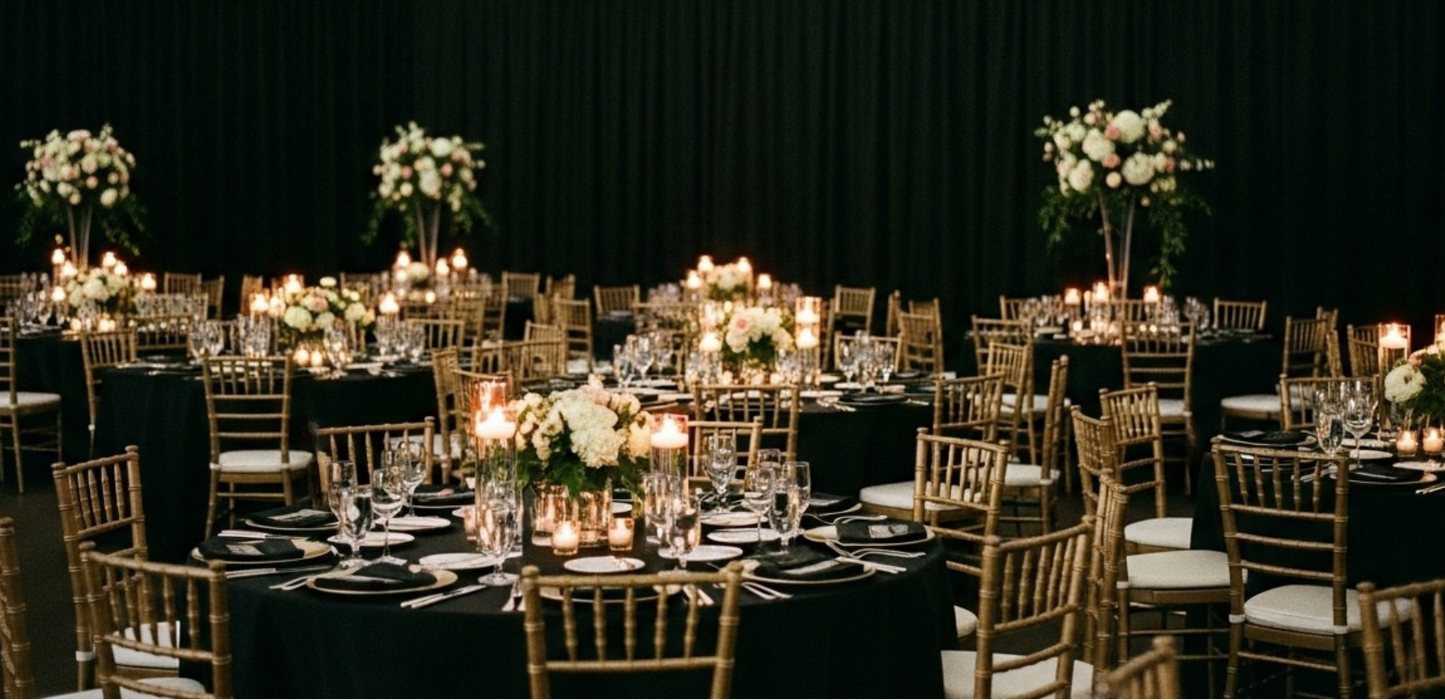 Decorated event space with tables, chairs, and floral arrangements and full room black pipe and drape.