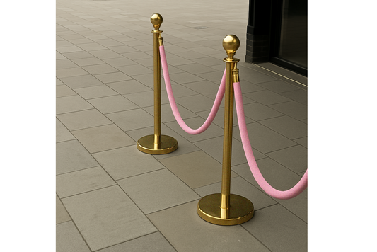 Gold Brass Crowd Control Stanchions Set Rental - Pink Velvet Rope