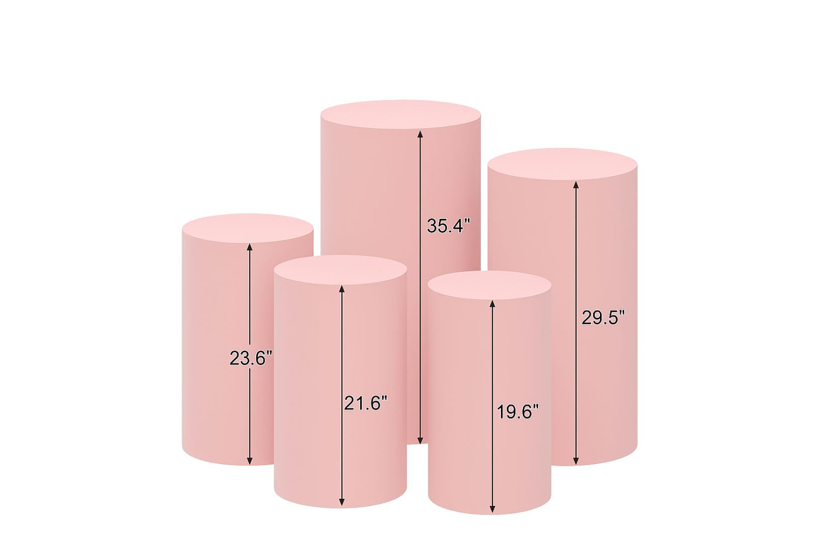 Set of pink cylinders with measurements on a white background