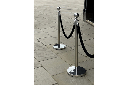 Silver Chrome Crowd Control Stanchions Set Rental - Black Velvet Rope