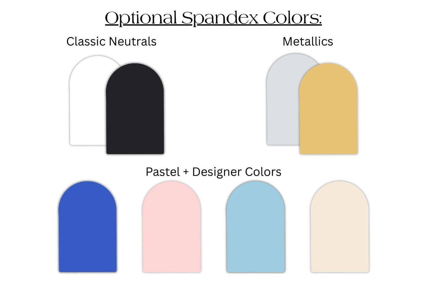 Color swatches for spandex including classic neutrals, metallics, pastel, and designer colors on a white background.
