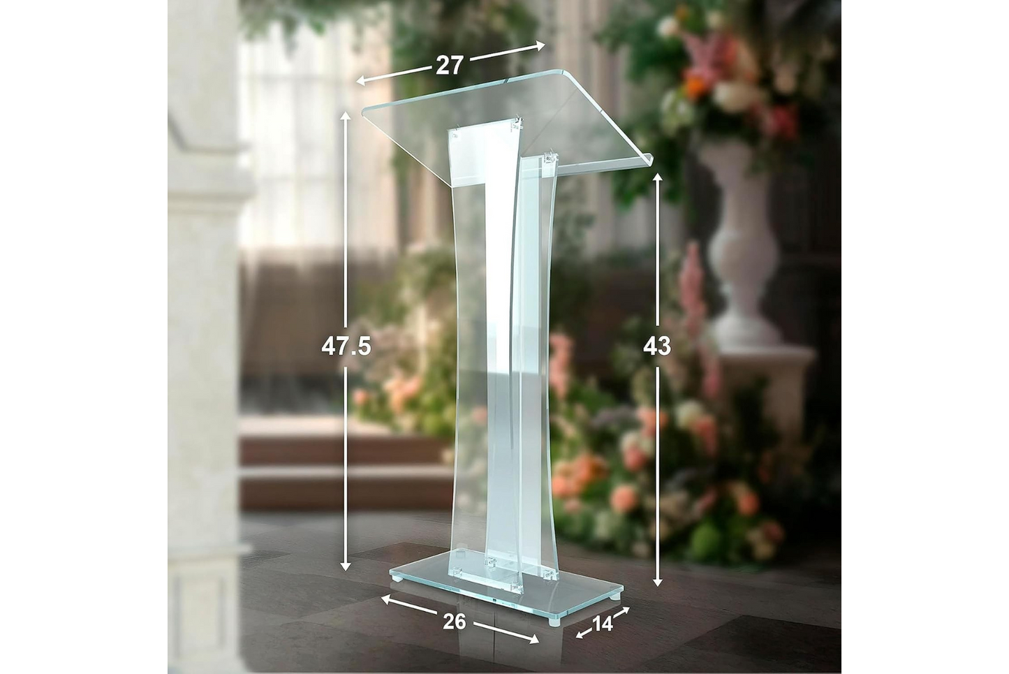 Clear acrylic podium stand used for speeches and available for rent. Image also shows the measurements of the stand.