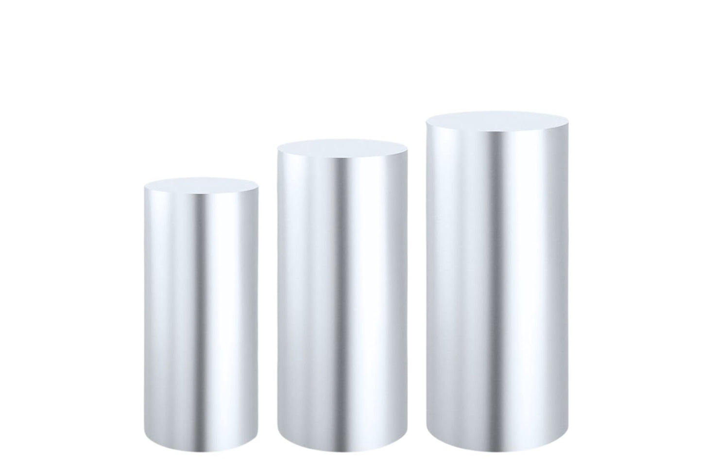 three piece set of silver cake cylinders/ pedestals on a white background