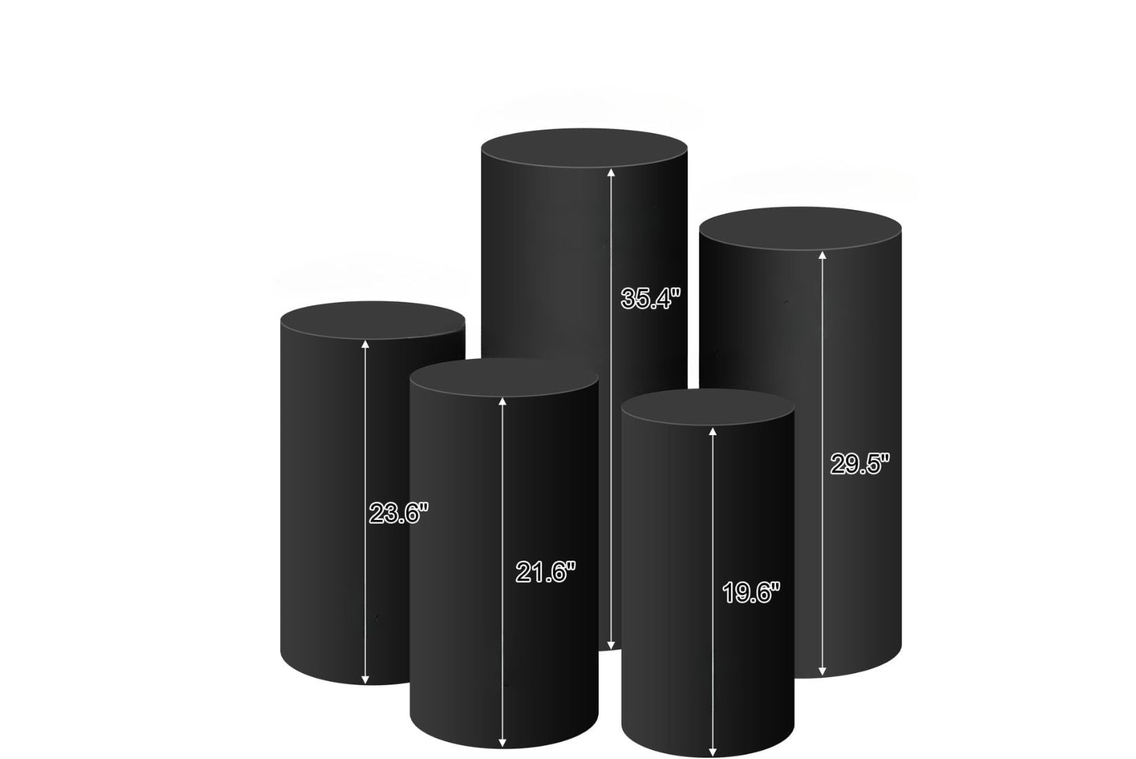 Set of five black dessert pedestals with labeled sizes on a white background