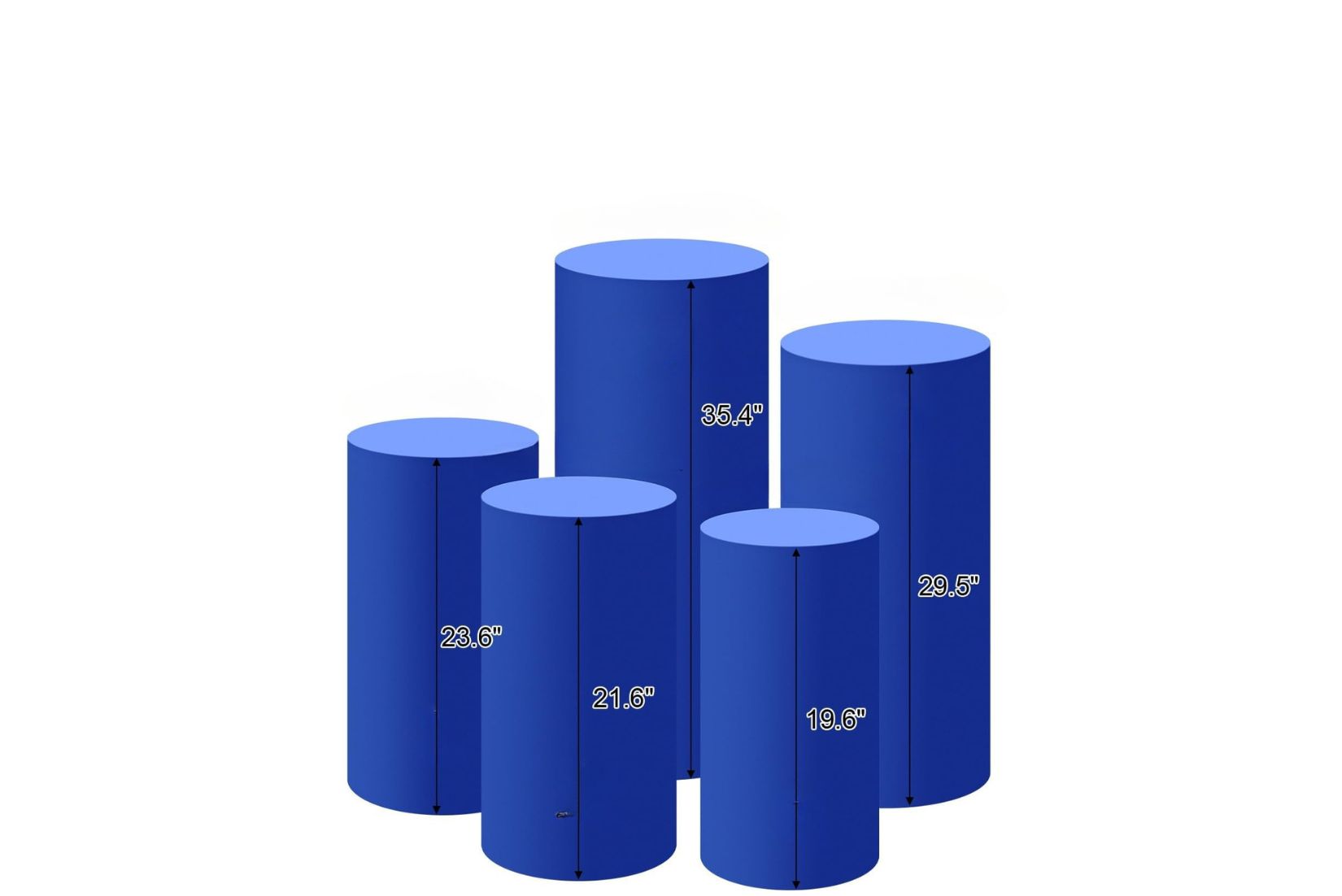 Set of royal blue pedestal dessert cylinders with sizes on a white background