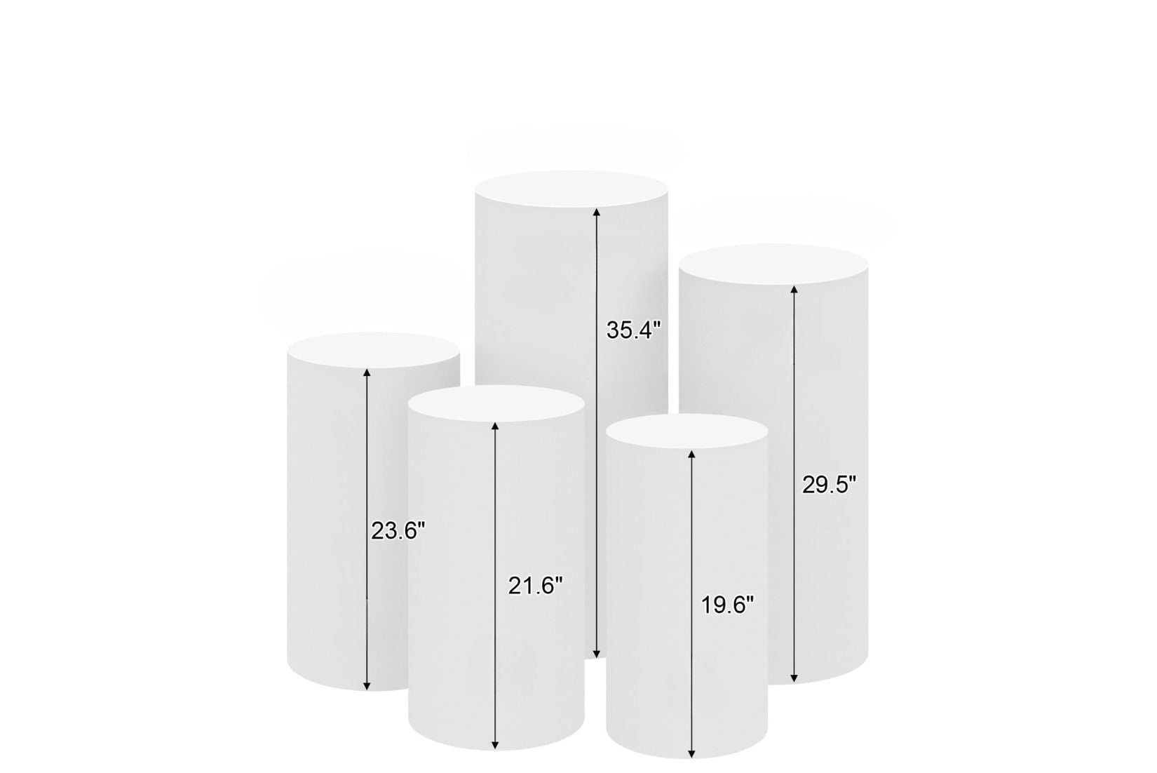 Set of white cake cylinders stands with measurements on a white background