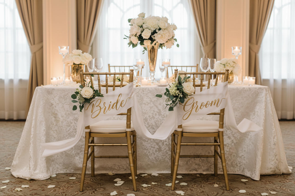 Gold chiavari chairs with bride and groom signs