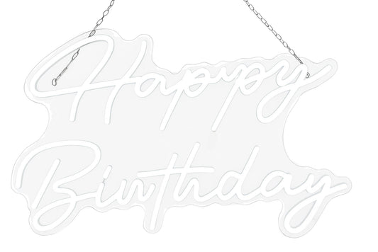 Neon large 'Happy Birthday' sign with a chain to hang on backdrop avalable for rent.