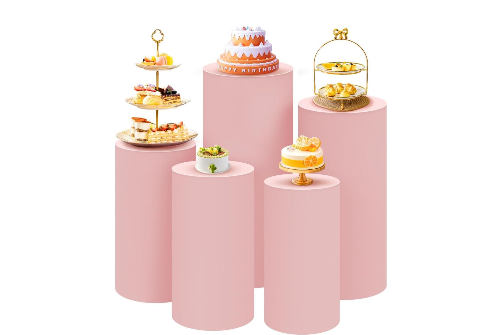 Set of pink pedestal cake stands with various pastries for an event