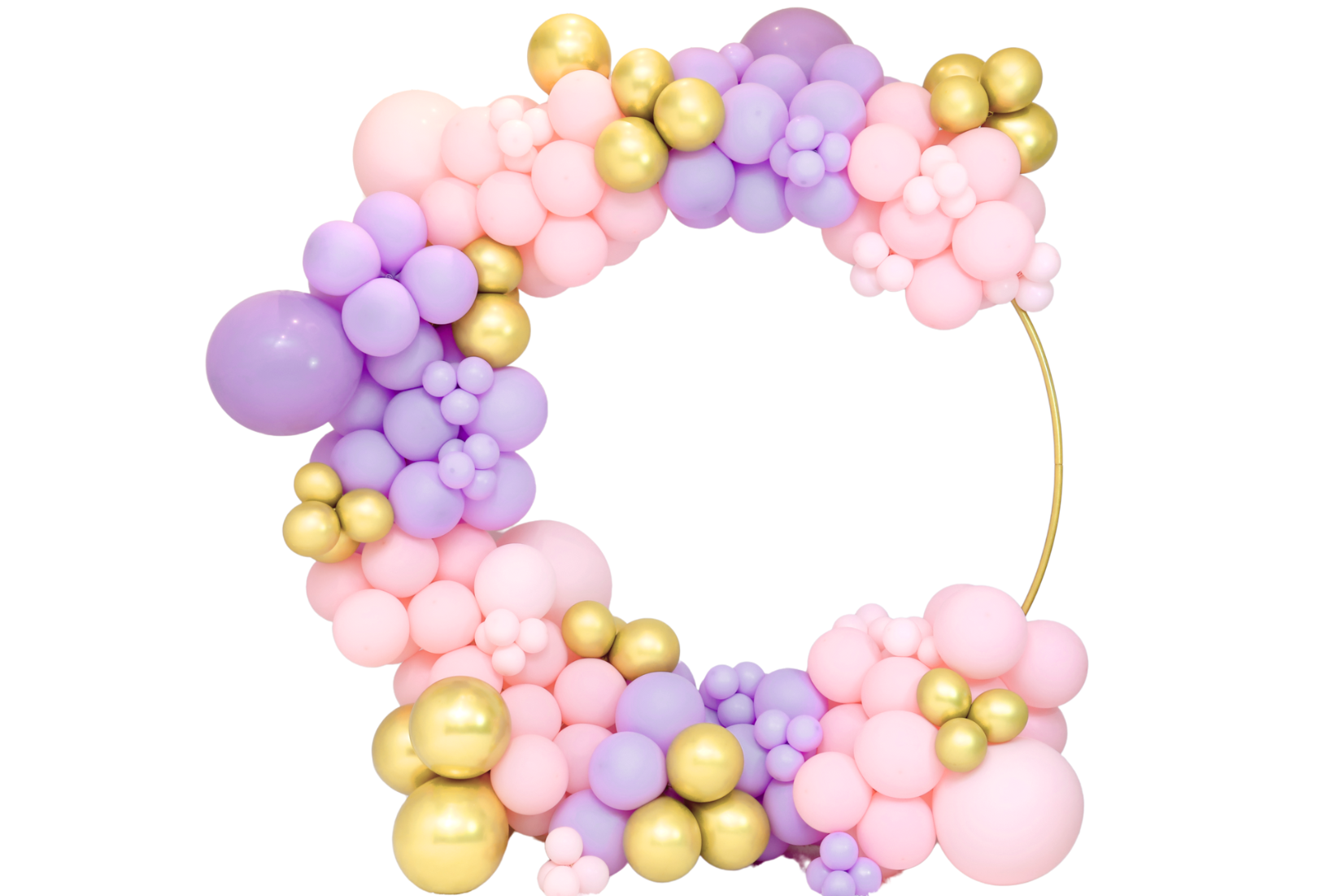 A circular balloon arch featuring a mix of pink, purple, and gold balloons, providing a decorative backdrop.
