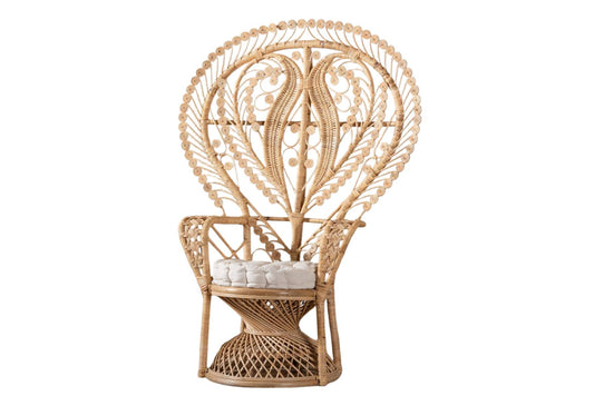 Wicker peacock chair with a white cushion on a white background