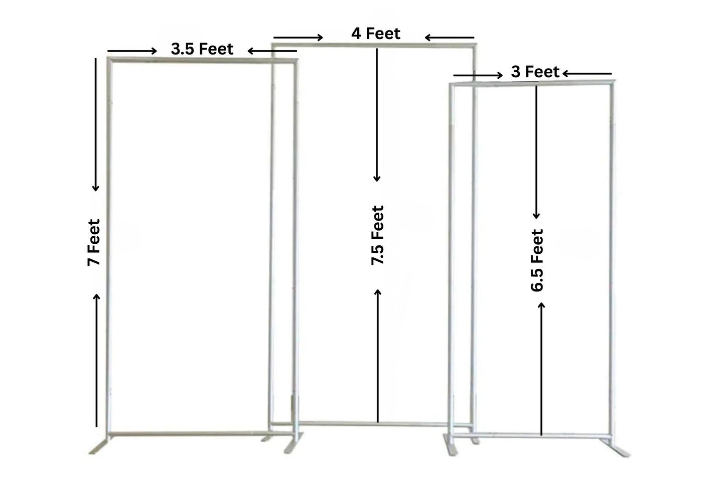 Silver 3 piece rectangle arch frames with sizes on a white background.