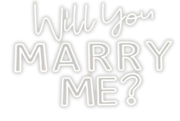 Neon sign with 'Will You Marry Me?' text on a white background