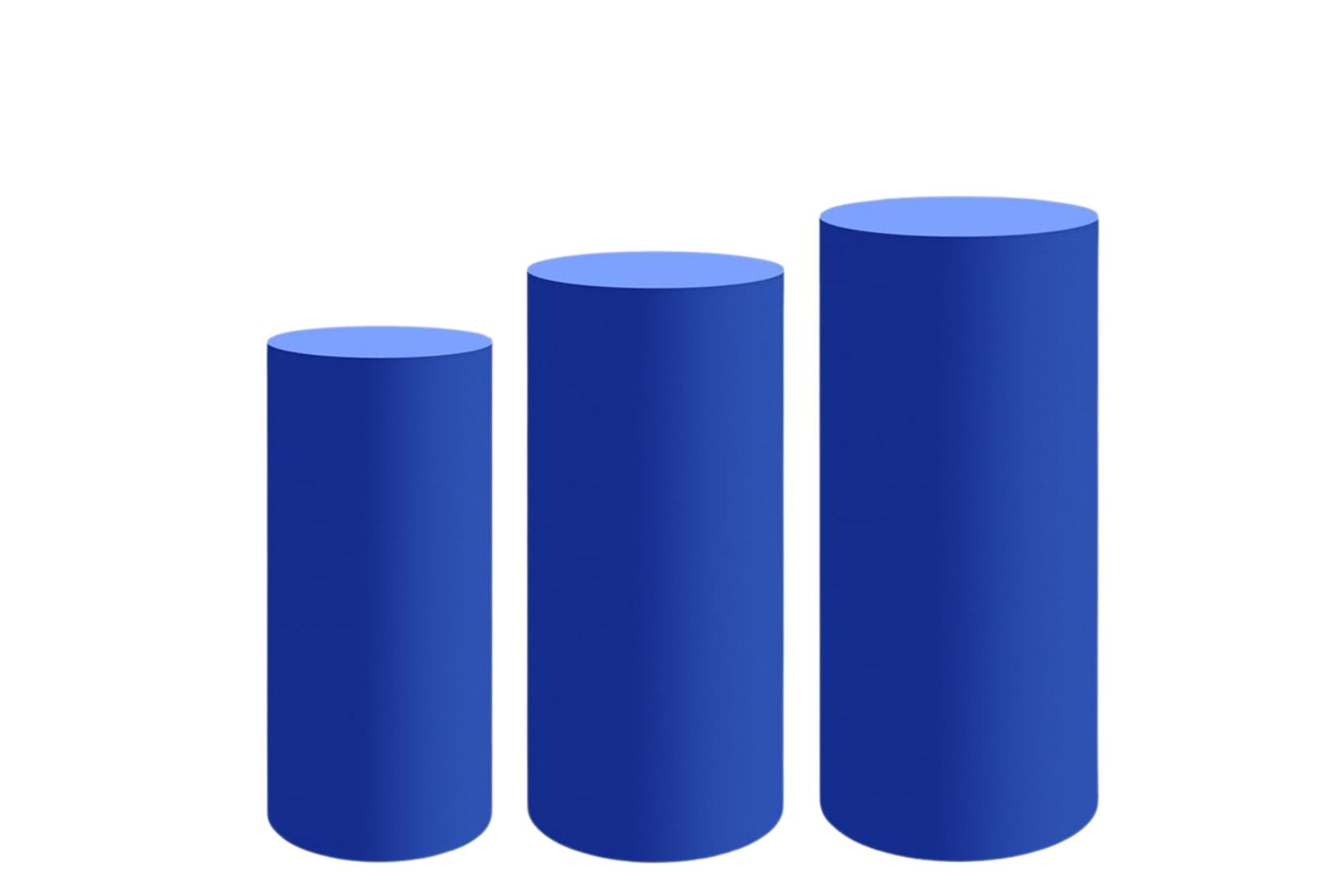 Three royal blue cylinders of different heights to be used for cake displays