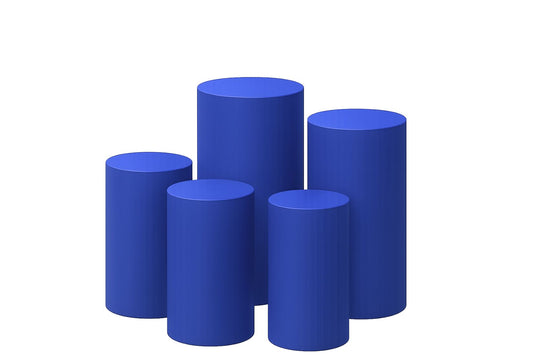 Set of five blue dessert cylinder pedestals on a white background