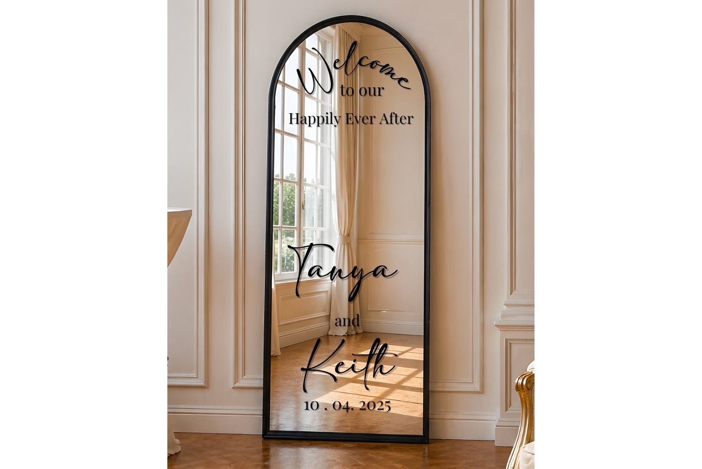 Decorative mirror available for rent with personalized text in a room setting