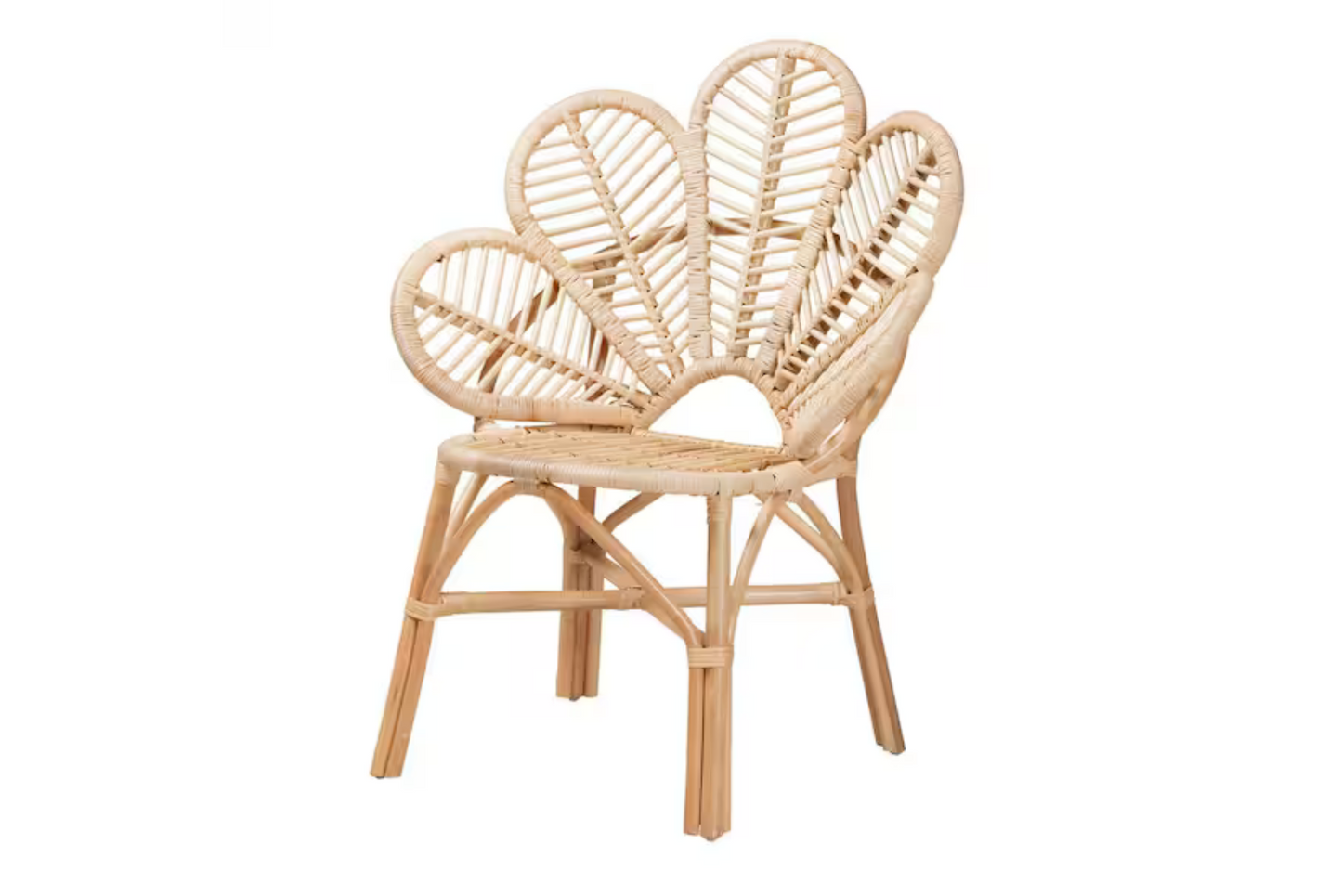 Wicker rattan chair with backrest shaped like a tulip.