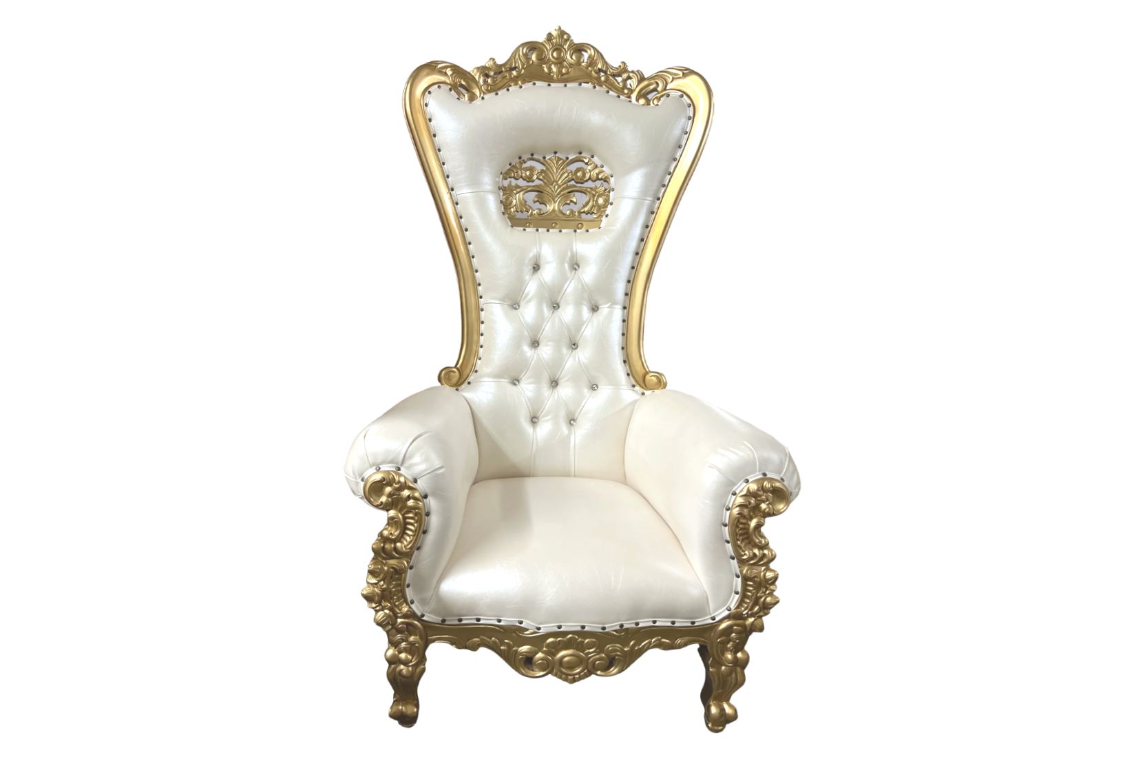 Ivory and gold luxury ornate high back throne chair. This chair is comfortable with armrests and is perfect for baby showers, Sweet Sixteens, Quinceaneras, Ritushuddhi, Womahood Ceremonies and other special events.