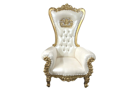 Ivory and gold luxury ornate high back throne chair. This chair is comfortable with armrests and is perfect for baby showers, Sweet Sixteens, Quinceaneras, Ritushuddhi, Womahood Ceremonies and other special events.