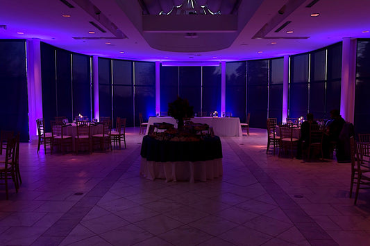 Purple uplighting in Newton White Mansion reception room, Bowie, MD.