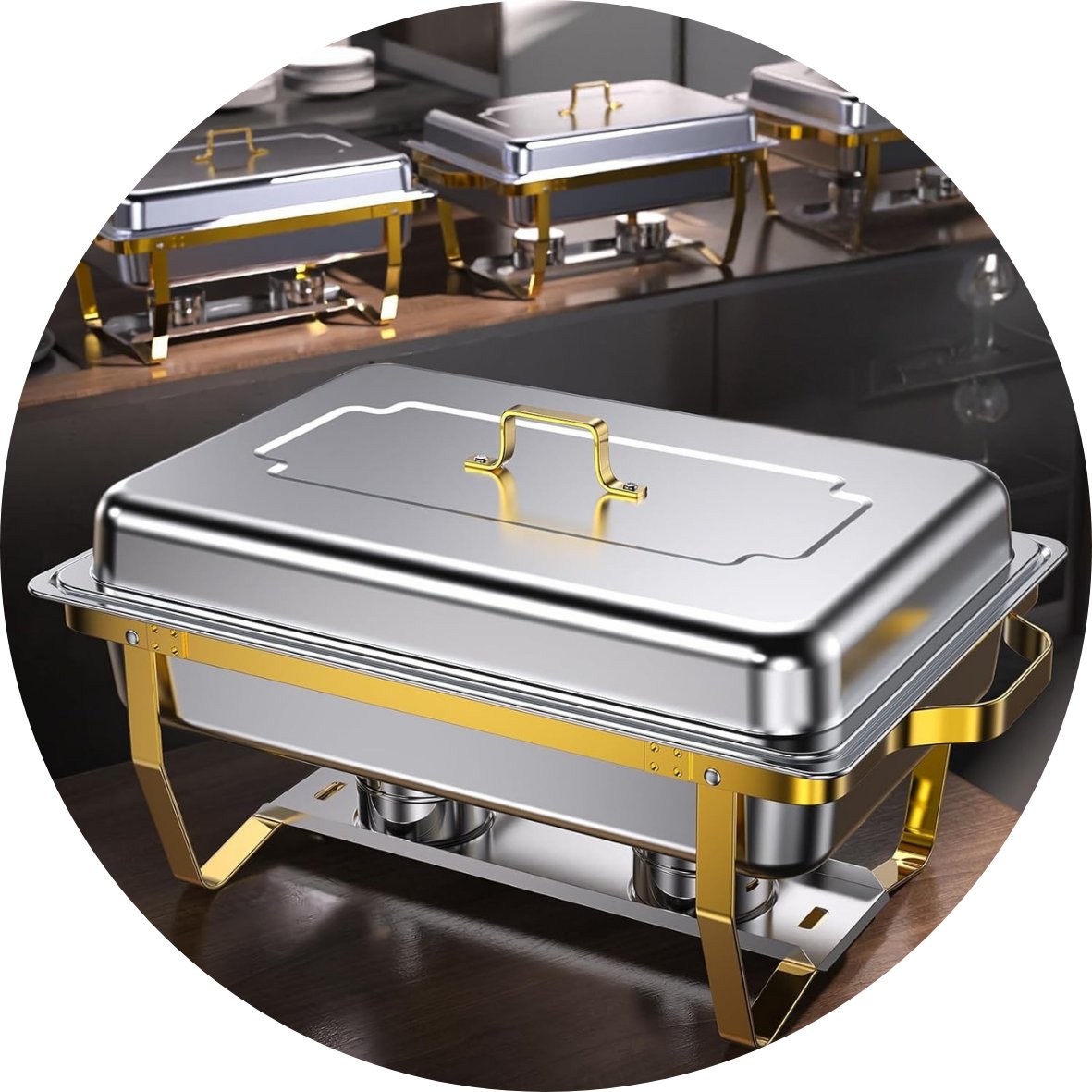 High end and classy chafing dish warmer in stainless steel with gold accents available for rent