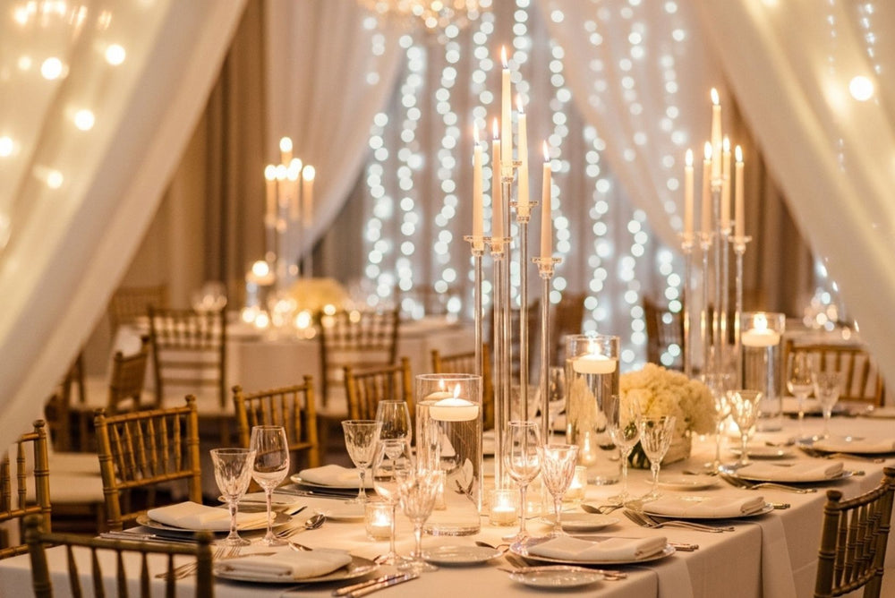 Decorative candelabra with candles, pipe and drape, and fairy lights in a warm indoor setting.