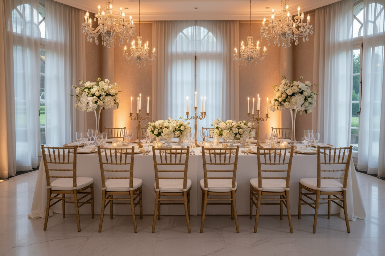 Bold chiavari chairs with white cushions at a intimate dinner party.
