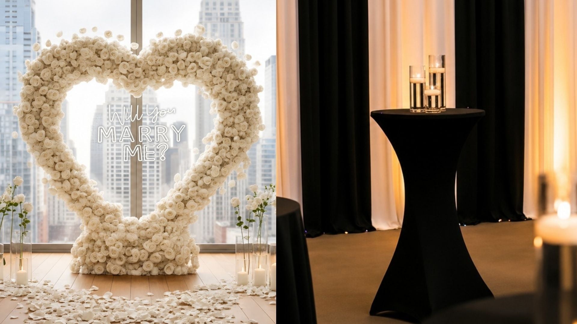 White rose wedding arch with will you marry me neon sign.