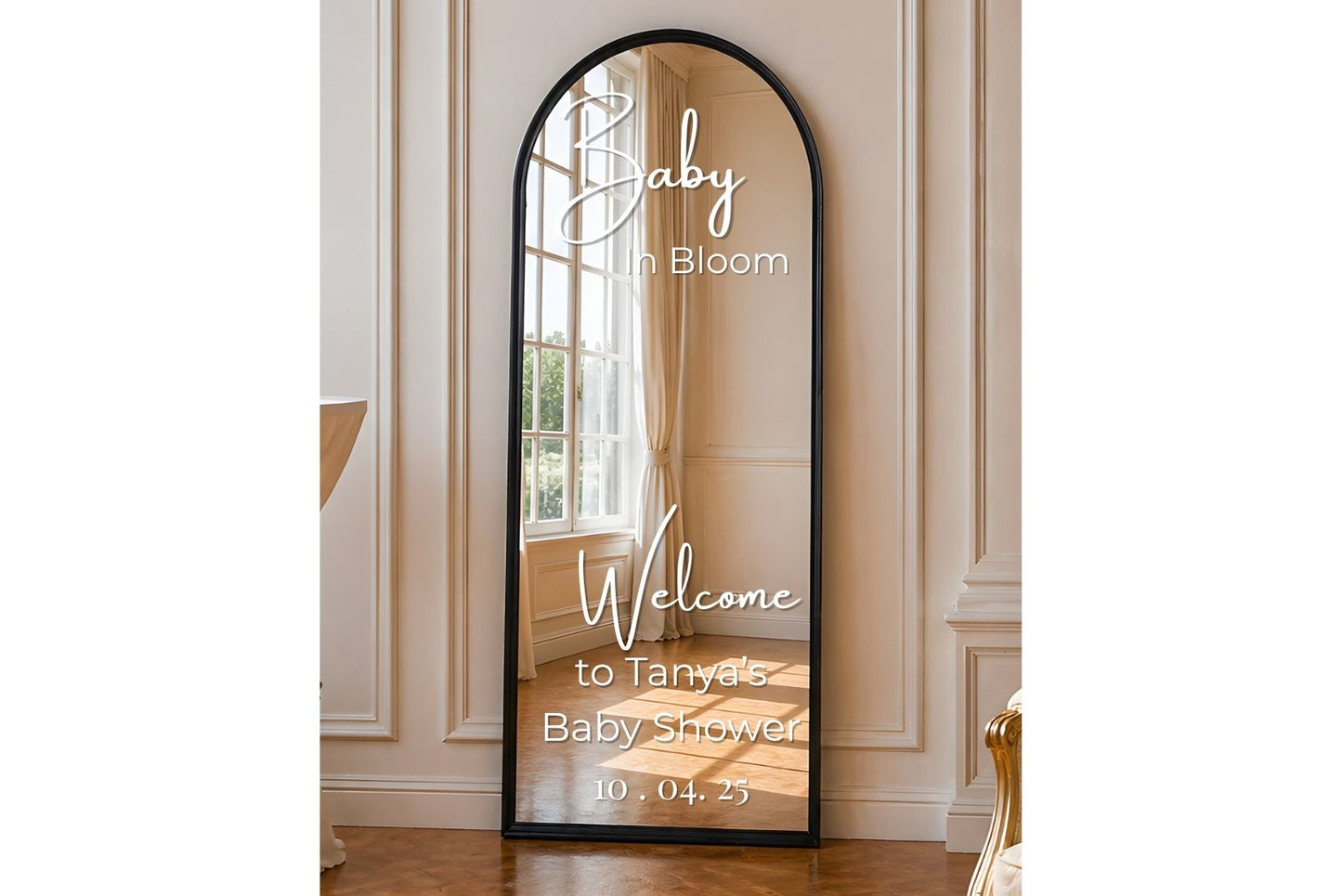 Decorative mirror for rent with personalized text in a room setting