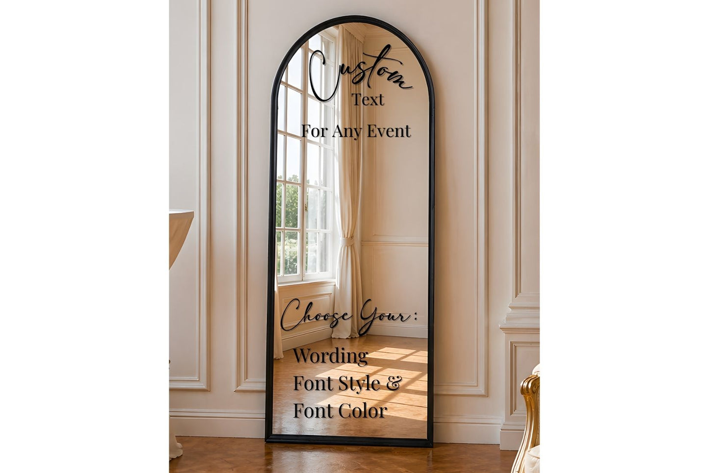 Decorative mirror with customizable text in a room setting