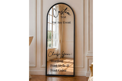 Decorative mirror with customizable text in a room setting