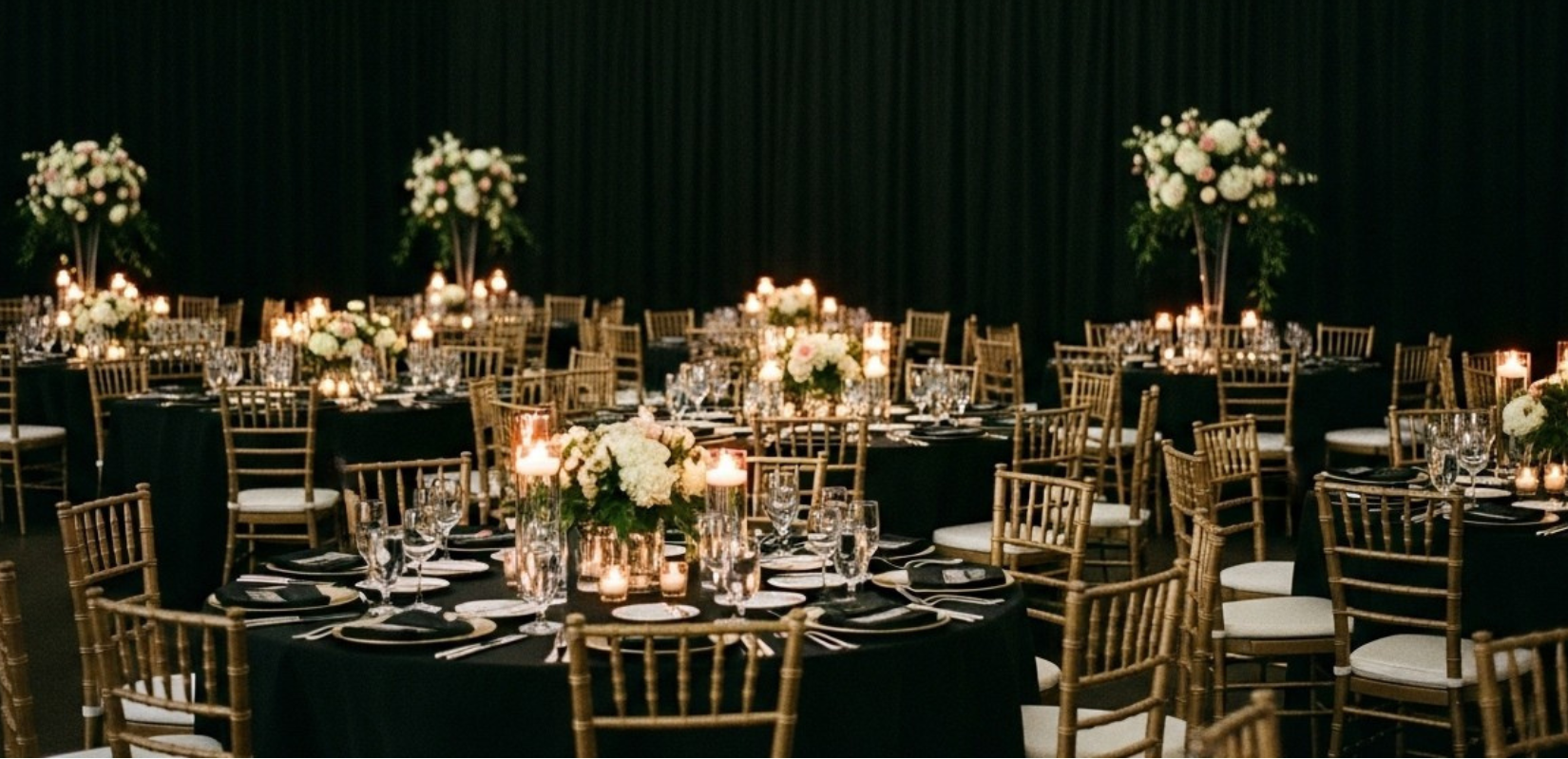 Decorated event space with tables, chairs, and floral arrangements and full room black pipe and drape.