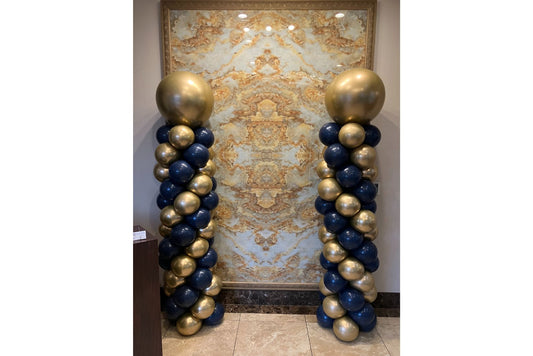 Pair of blue and gold balloon columns in a Chinese restaurant.