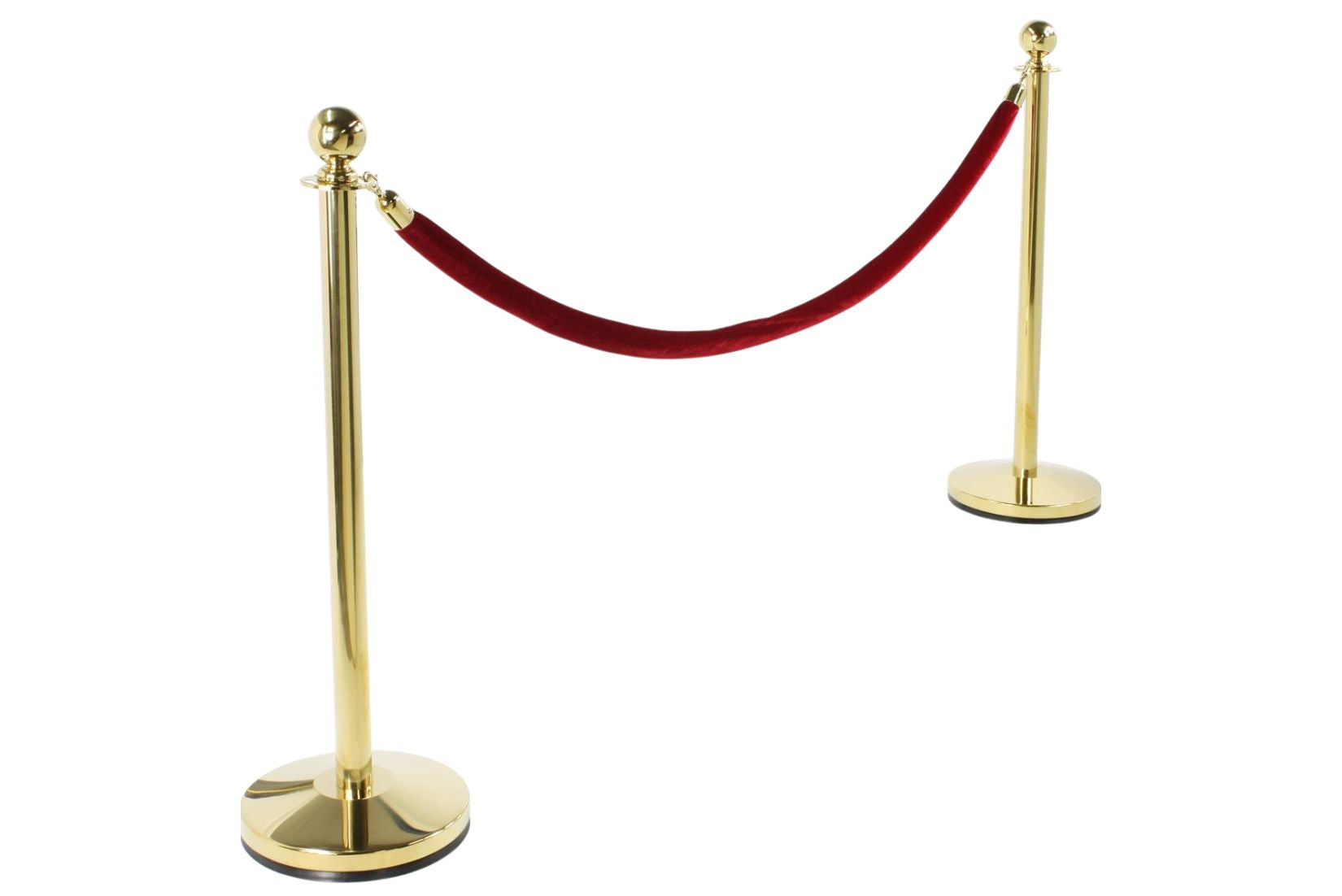 Brass stanchion set for rent with burgundy red velvet rope