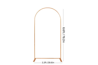 Gold arch-shaped stand with dimensions on a white background