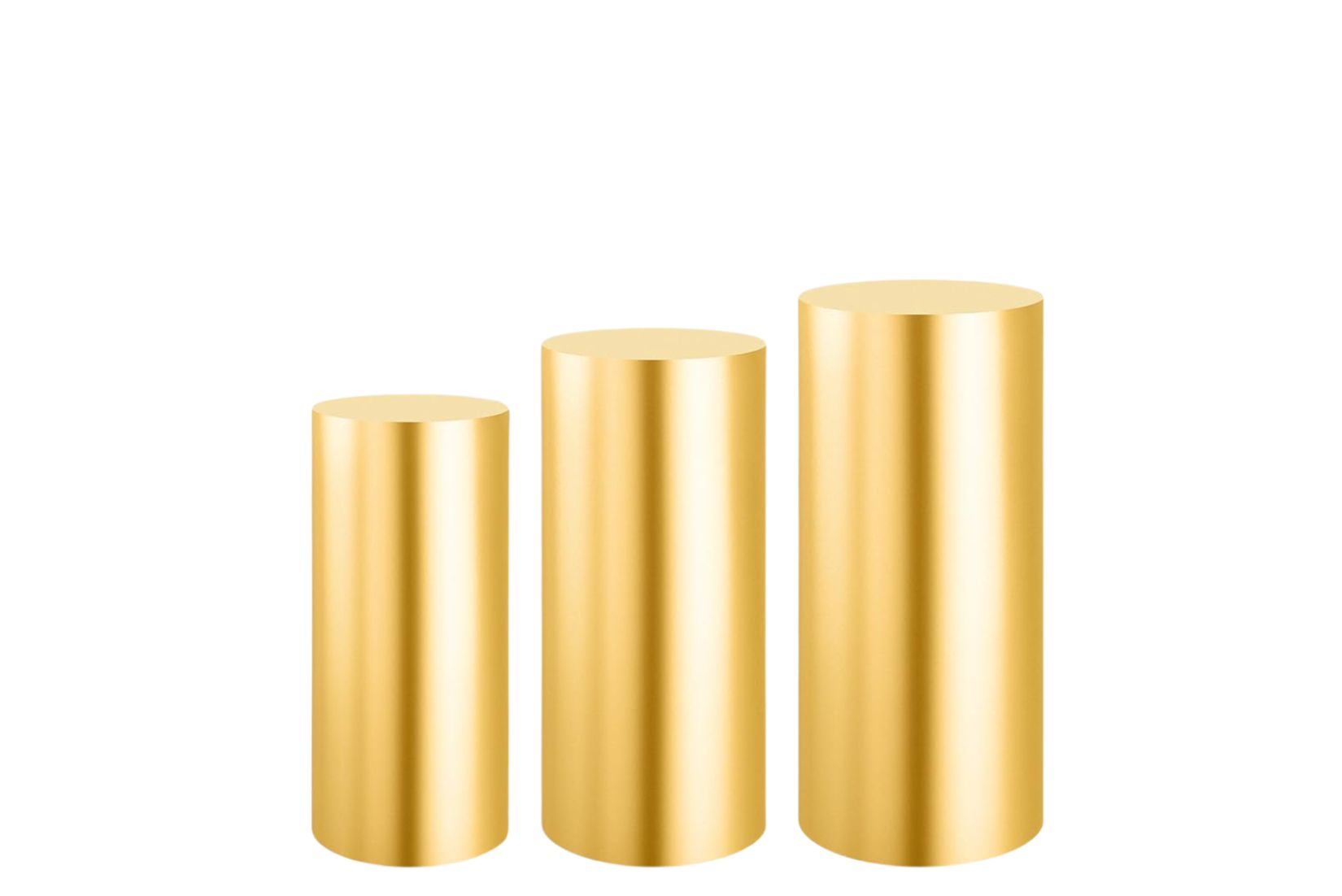 Three gold cake cylinders of different sizes on a white background
